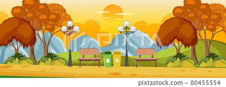 Autumn season with nature park at sunset time horizontal scene Autumn season with nature park at sunset time horizontal scene 80455554