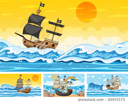Set of Ocean with Pirate ship at different times scenes  in cartoon style 80455573