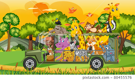 Safari scene with wild animals in the cage car 80455576