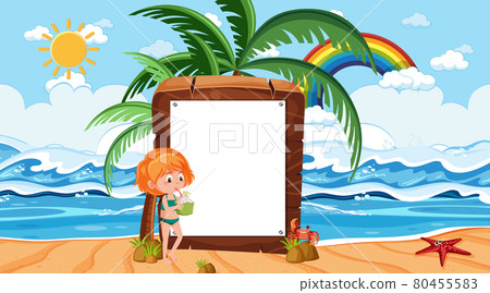 Kids on vacation at the beach daytime scene with an empty banner template 80455583