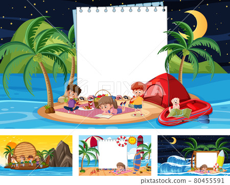 Set of blank banner in different tropical beach scenes 80455591