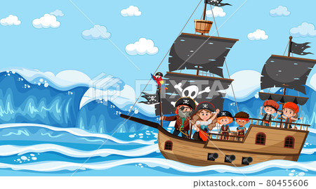 Ocean scene at daytime with Pirate kids on the ship 80455606