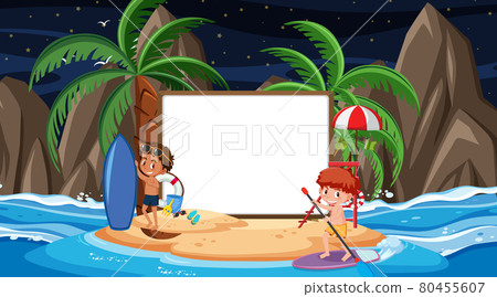 Kids on vacation at the beach night scene with an empty banner template. Kids on vacation at the beach night scene with an empty banner template. 80455607