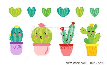 A set of funny cacti in pots and cactus hearts. For use in printing, postcards, textiles. Vector illustration. A set of funny cacti in pots and cactus hearts. For use in printing, postcards, textiles. Vector illustration. 80457298