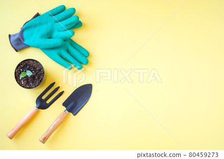 composition of gardening tools and green gloves on yellow background  80459273