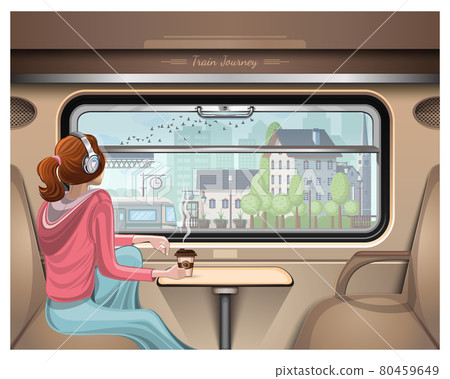 Girl looks at the station outside the train window 80459649