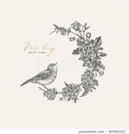 Wreath with bird. Black and white. 80460201