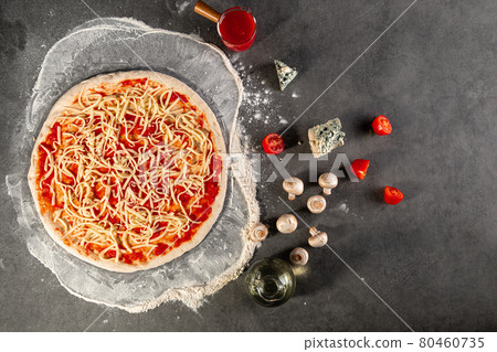 Semi finished pizza with cheese and tomato sauce 80460735
