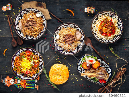 Top view on assorted uzbek oriental cuisine dishes Top view on assorted uzbek oriental cuisine dishes 80460811