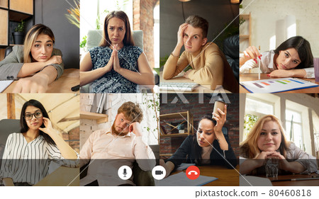 Hard working day. Team working by group video call share ideas brainstorming use video conference. Collage Hard working day. Team working by group video call share ideas brainstorming use video conference. Collage 80460818
