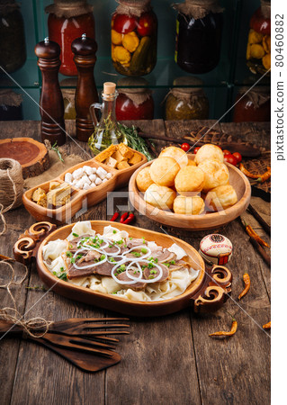 Kazakh beshbarmak with horse meat and boiled dough 80460882