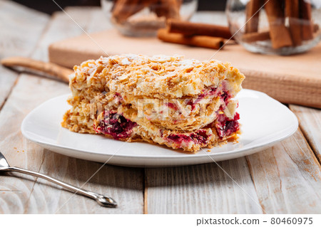 Closeup on berry shortbread dough pie slice Closeup on berry shortbread dough pie slice 80460975