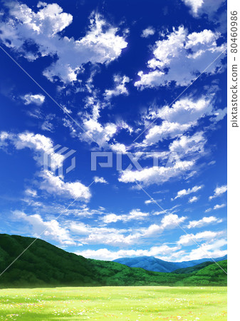 [For portrait] Blue sky and clouds 07_mountain 01_meadow 04 80460986