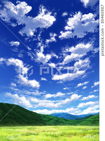 [For portrait] Blue sky and clouds 07_mountain 01_meadow 05 80460987