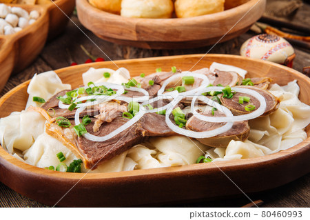 Kazakh national dish beshbarmak with horse meat 80460993