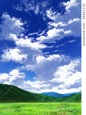 [For portrait] Blue sky and clouds 10_mountain 01_meadow 01 80461139