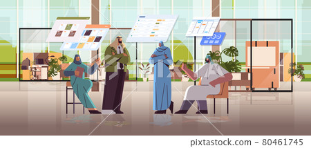 arab businesspeople team analyzing statistic data on virtual boards successful teamwork concept 80461745