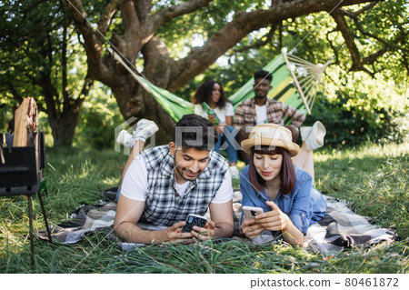 Two couples using mobile, chatting and drinking on picnic Two couples using mobile, chatting and drinking on picnic 80461872