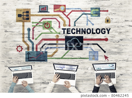 Top view of businesspeople sitting at table and using gadgets 80462245