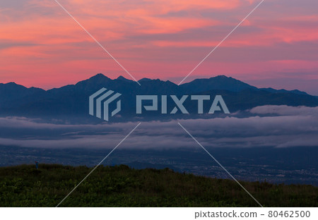 Southern Alps of sunrise from Kirigamine plateau in summer 80462500