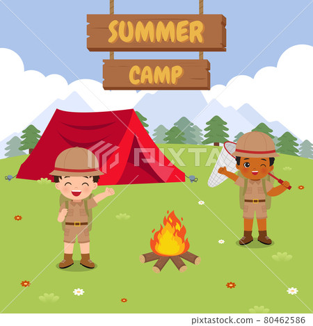 Boy scout in outdoor scene. Summer camp illustration. Flat vector cartoon design Boy scout in outdoor scene. Summer camp illustration. Flat vector cartoon design 80462586