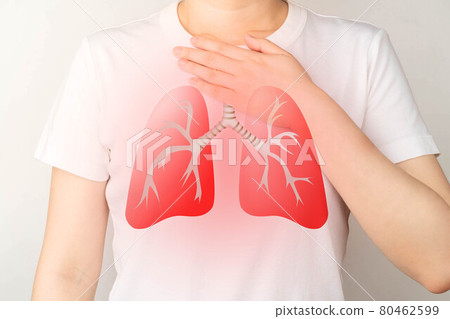 Young ill female have a cough and shortness of breath with lung organ symbol. Pulmonary disease include pneumonia, asthma, COPD, TB, lung cancer or respiratory tract infection. Young ill female have a cough and shortness of breath with lung organ symbol. Pulmonary disease include pneumonia, asthma, COPD, TB, lung cancer or respiratory tract infection. 80462599
