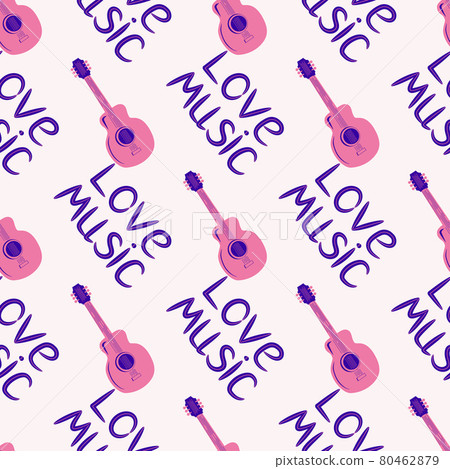 Love music seamless pattern with country guitar, music notes, treble clef, hearts, decorative elements. Love music seamless pattern with country guitar, music notes, treble clef, hearts, decorative elements. 80462879