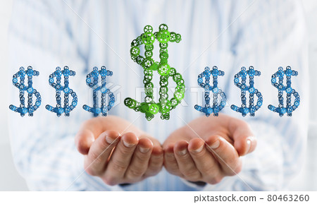 Concept of money making presented by businessman showing in hands dollar symbol 80463260