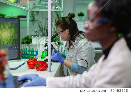 Health chemist checking sample of vegan meat looking through microscope Health chemist checking sample of vegan meat looking through microscope 80463538