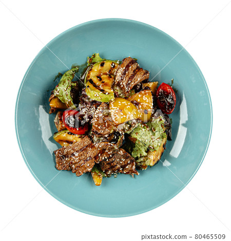 Isolated plate of grilled veal meat and vegetables Isolated plate of grilled veal meat and vegetables 80465509