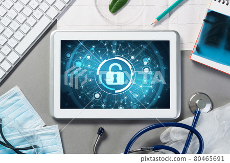Web security and technology concept with tablet pc on table 80465691