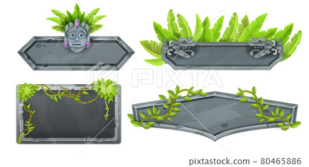 Jungle stone sign board set, game rock jungle panel, green tropical leaf, maya tiki mask, totem face Jungle stone sign board set, game rock jungle panel, green tropical leaf, maya tiki mask, totem face 80465886