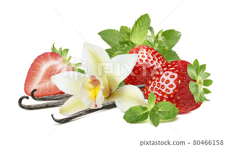 Strawberry, vanilla and mint leaves isolated on white background 80466158