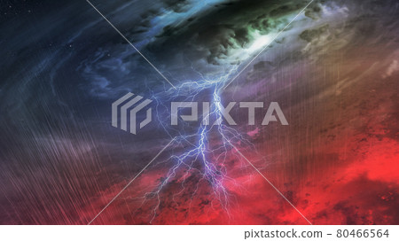 Huge hurricane from the inside. Clouds with hurricane eye and lightning bolt and rain above the red earth. Elements of this image furnished by NASA. Huge hurricane from the inside. Clouds with hurricane eye and lightning bolt and rain above the red earth. Elements of this image furnished by NASA. 80466564