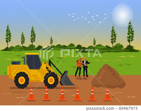 The tractor is grading to make the road. Two  construction supervisor are working on the road. with  fields and sky in the background 80467973