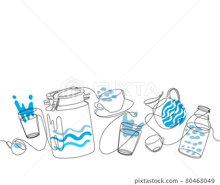 Milk can, jug, glass and bottle. Kitchen pattern. Cooking. One line drawing. Milk can, jug, glass and bottle. Kitchen pattern. Cooking. One line drawing. 80468049