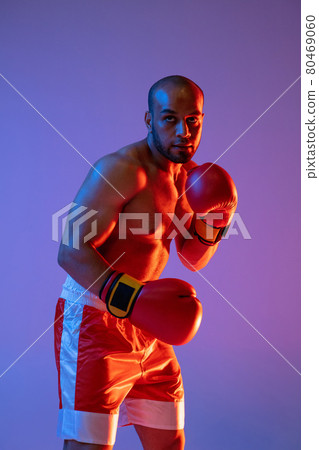 Vertical image of one professional boxer in red gloves training, exercising isolated over purple background in neon light. 80469060