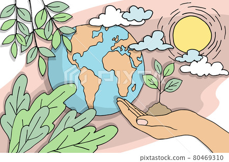 Eco cartoon planet Earth hand cares plant sprout. Environmental safety sustainable technology 80469310