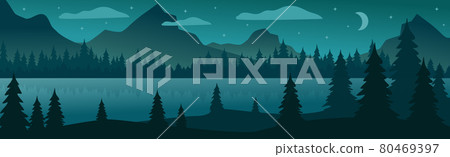 Panoramic mountain evening landscape on the background of a dense forest - Vector Panoramic mountain evening landscape on the background of a dense forest - Vector 80469397
