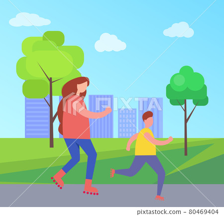 Mother and Son Rollerblading in City Park Vector 80469404