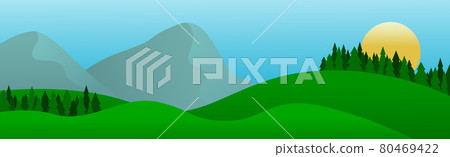 Panoramic mountain bright sunny landscape with dense forest - Vector Panoramic mountain bright sunny landscape with dense forest - Vector 80469422