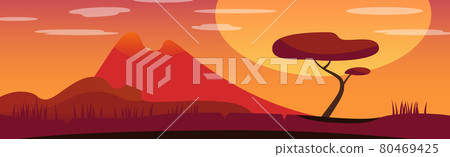 Panoramic landscape hot sunny savannah desert - Vector 80469425