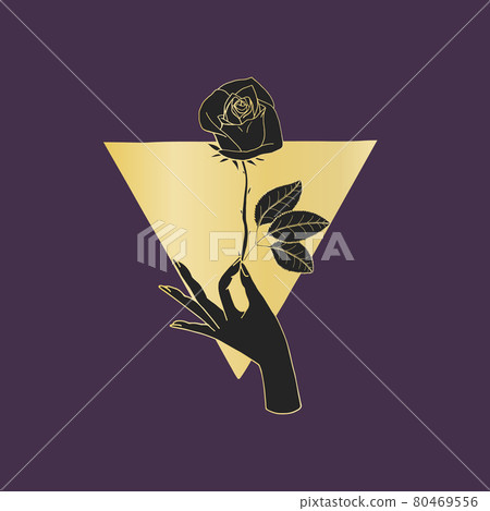 Vintage Boho Mystic Hand holding rose flower drawing on triangle shape. 80469556