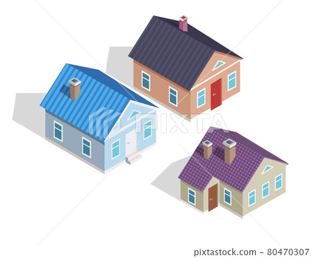 Set of 3D Small Isometric Houses with Chimneys 80470307