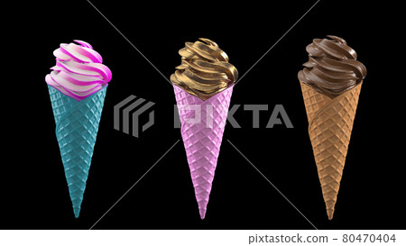 3 ice cream with waffle cone on a black background 3 ice cream with waffle cone on a black background 80470404
