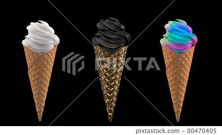 3 ice cream with waffle cone on a black background 3 ice cream with waffle cone on a black background 80470405