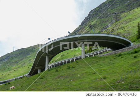 A bridge, a bend, and a gallery on Gotthard motorway pass street, Switzerland A bridge, a bend, and a gallery on Gotthard motorway pass street, Switzerland 80470436