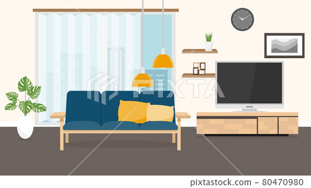 一套公寓的客廳內飾,您可以從帶窗簾的窗戶看到建築物 一套公寓的客廳內飾,您可以從帶窗簾的窗戶看到建築物 80470980