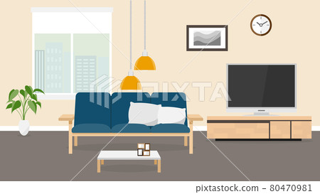 一套公寓的客廳內飾，您可以從窗戶看到建築物 80470981