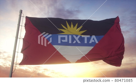 Antigua and Barbuda flag waving in the wind, sky and sun background. 3d rendering 80471085